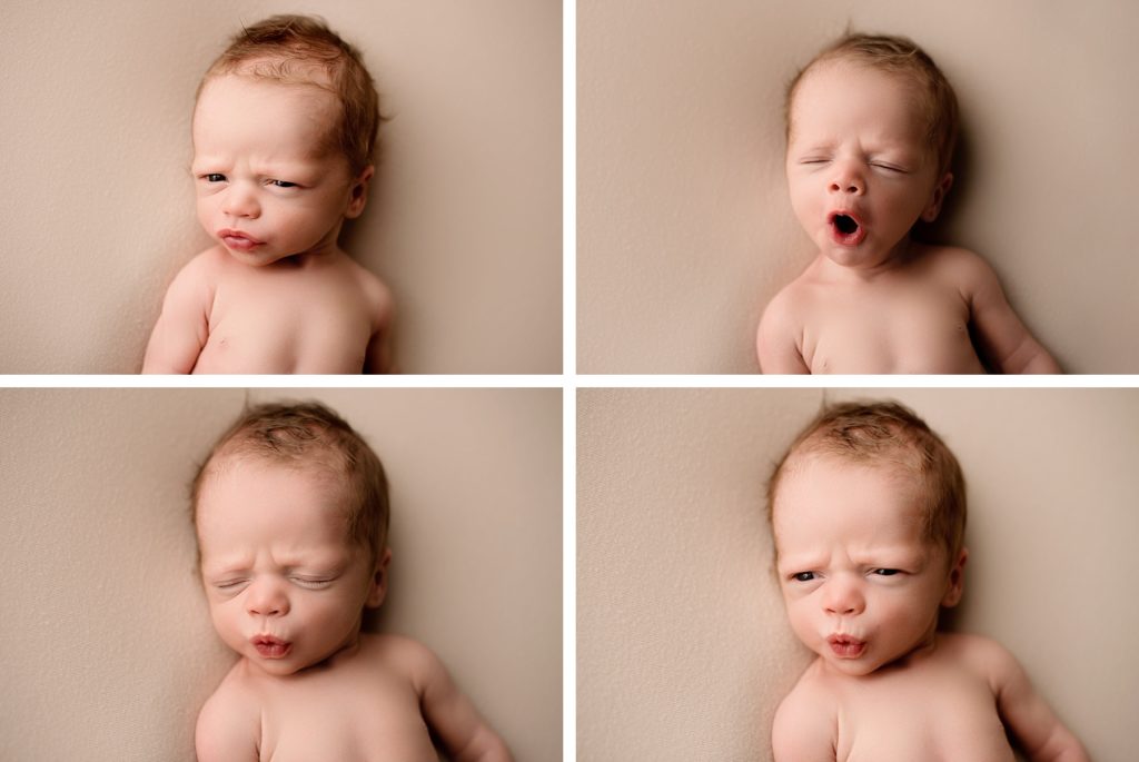 newborn baby making four different faces